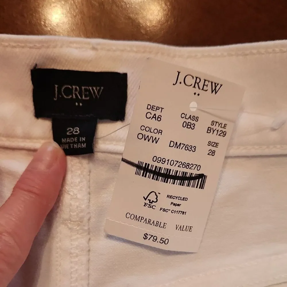 J. Crew High Waist White Classic Denim Mom Shorty Shorts Cuffed Hem, Size 28